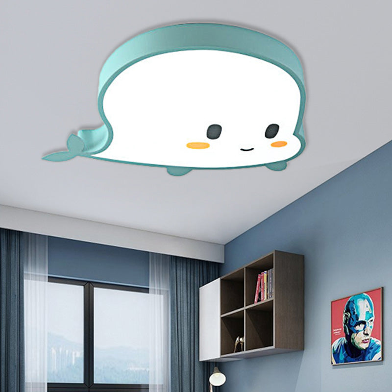 Whale Child Bedroom Flush Pendant Light Acrylic and Metal LED Cartoon Style Flush Mount Lamp in Blue/Pink