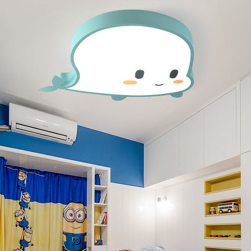 Whale Child Bedroom Flush Pendant Light Acrylic and Metal LED Cartoon Style Flush Mount Lamp in Blue/Pink