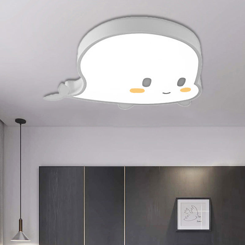 Whale Child Bedroom Flush Pendant Light Acrylic and Metal LED Cartoon Style Flush Mount Lamp in Blue/Pink