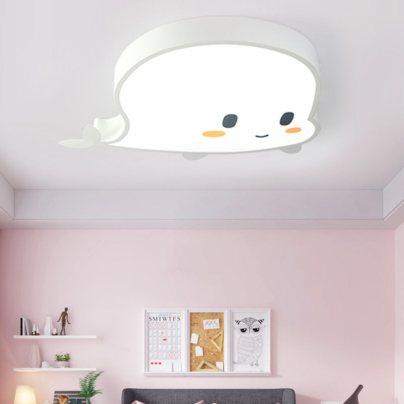 Whale Child Bedroom Flush Pendant Light Acrylic and Metal LED Cartoon Style Flush Mount Lamp in Blue/Pink