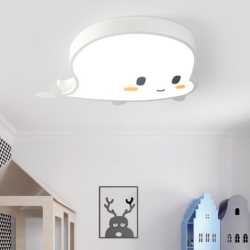 Whale Child Bedroom Flush Pendant Light Acrylic and Metal LED Cartoon Style Flush Mount Lamp in Blue/Pink