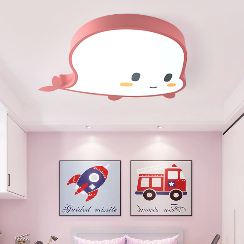 Whale Child Bedroom Flush Pendant Light Acrylic and Metal LED Cartoon Style Flush Mount Lamp in Blue/Pink