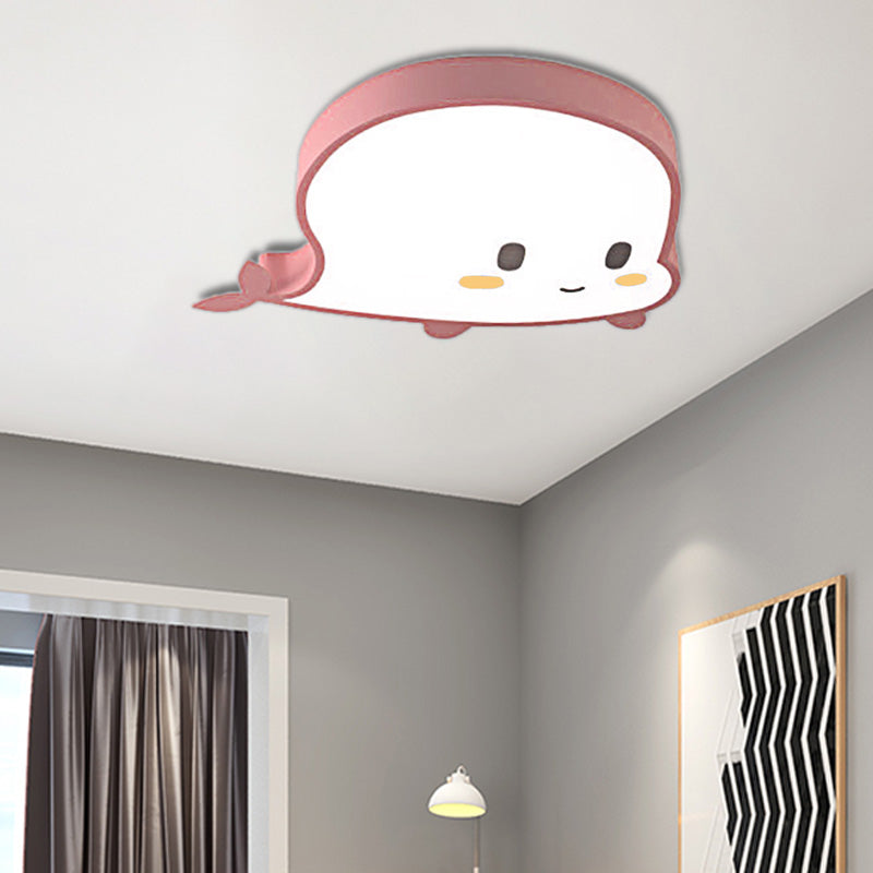 Whale Child Bedroom Flush Pendant Light Acrylic and Metal LED Cartoon Style Flush Mount Lamp in Blue/Pink