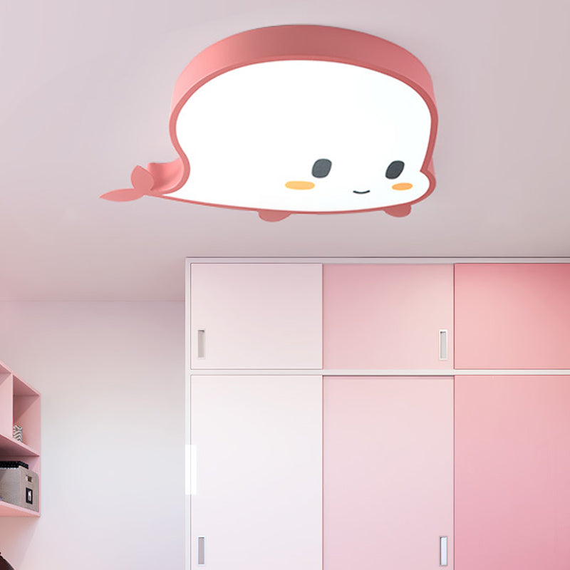 Whale Child Bedroom Flush Pendant Light Acrylic and Metal LED Cartoon Style Flush Mount Lamp in Blue/Pink