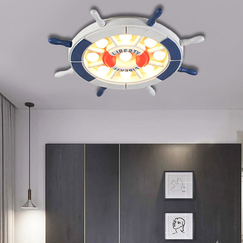 Lampada a sospensione da incasso a soffitto a LED per interni in stile nautico blu con paralume in legno timone