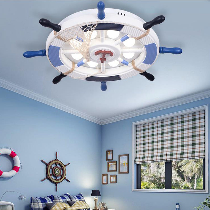 LED Indoor Ceiling Flush Mount Nautical Style Blue Flush Pendant Light with Rudder Wood Shade