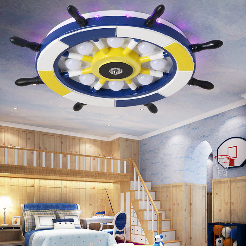 Nautical Style LED Flush Ceiling Light with Wood Shade Blue Finish Dome/Rudder Flush Mount Ceiling Light