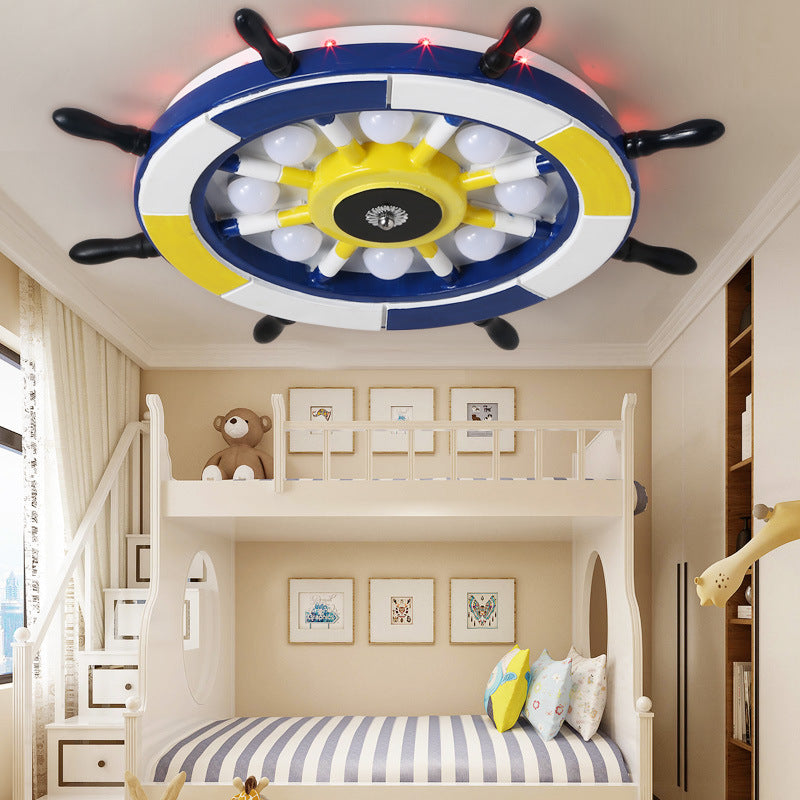 Nautische Stijl LED Flush Plafond Licht met Houten Shade Blauw Finish Dome/Ruder Flush Mount Plafond Licht