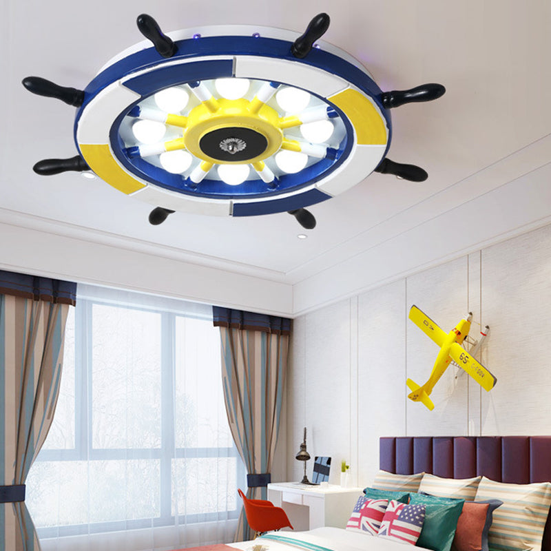 Nautische Stijl LED Flush Plafond Licht met Houten Shade Blauw Finish Dome/Ruder Flush Mount Plafond Licht