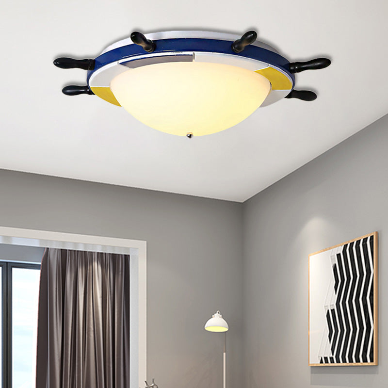 Nautical Style LED Flush Ceiling Light with Wood Shade Blue Finish Dome/Rudder Flush Mount Ceiling Light