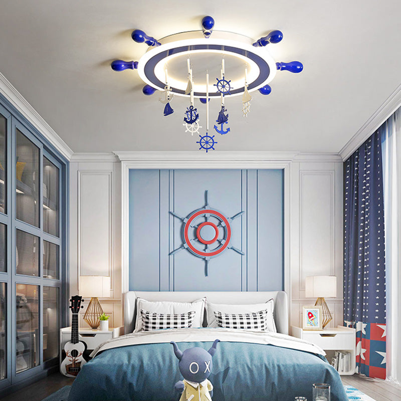 Nautical Rudder Flushmount Lighting Acrylic LED Children Room Blue Flush Ceiling Light with Anchor Deco, Warm/White Light