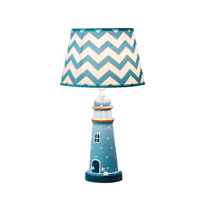 14"/18" Wide Cone Table Lighting Cartoon Style Fabric 1 Light Blue/White Stand Up Lamp with Resin Tower Base