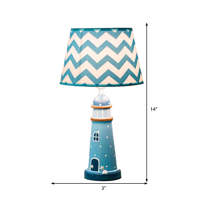 14"/18" Wide Cone Table Lighting Cartoon Style Fabric 1 Light Blue/White Stand Up Lamp with Resin Tower Base