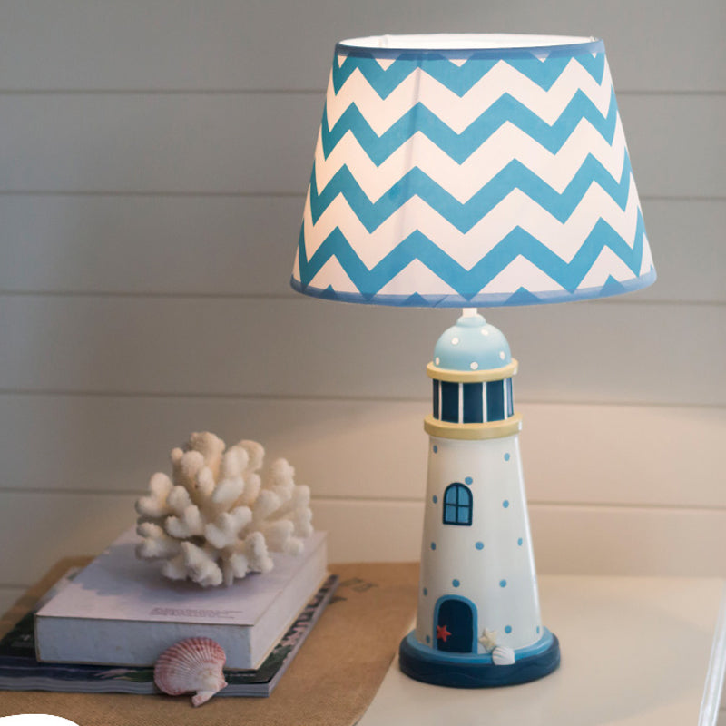 14"/18" Wide Cone Table Lighting Cartoon Style Fabric 1 Light Blue/White Stand Up Lamp with Resin Tower Base