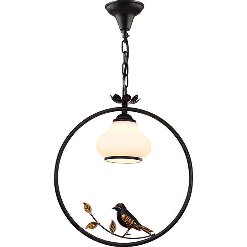 1 lichte flesvorm hanglampverlichting traditionele zwarte metalen hangende lamp met vogel, 12 "/16" breed