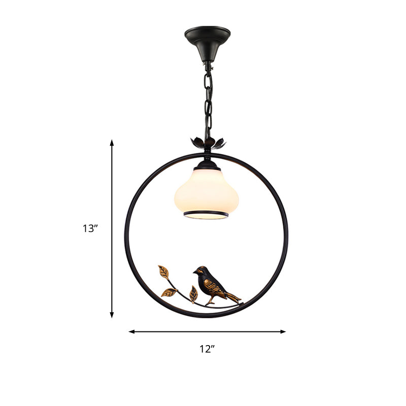 1 lichte flesvorm hanglampverlichting traditionele zwarte metalen hangende lamp met vogel, 12 "/16" breed