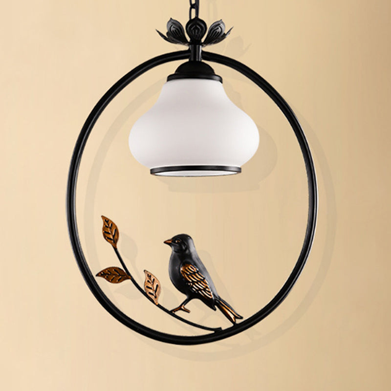 1 luz de la botella de luz iluminación colgante tradicional de metal negro colgante de luz con pájaro, 12 "/16" de ancho