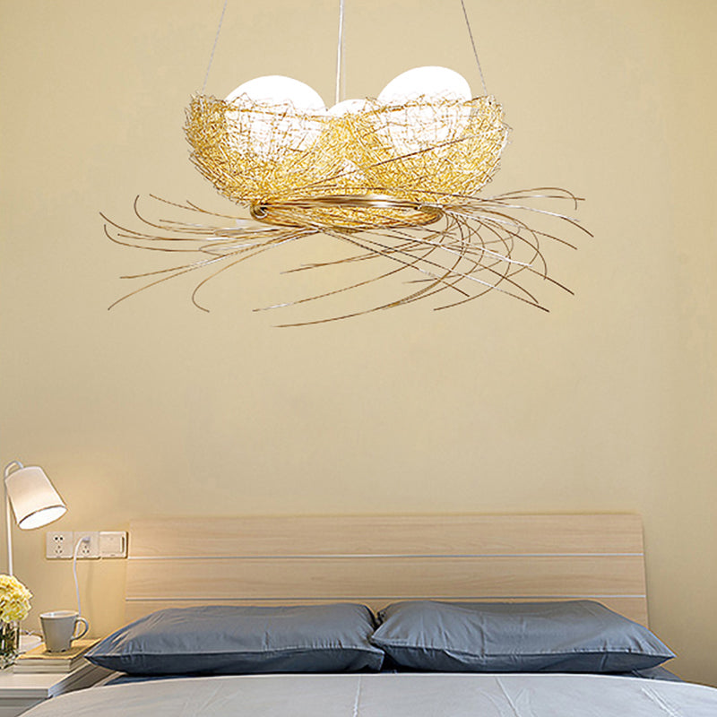 Egg Shaped Chandelier Pendant Art Deco White Glass 3-Light Hanging Ceiling Lamp in Brass with Aluminum Nest