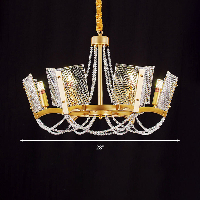 Simplicity Beaded Pendant Chandelier Crystal 6/8 Heads Living Room Hanging Lamp Kit in Brass with Panel Shade