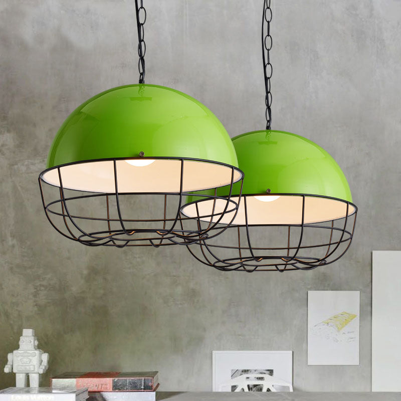 Warehouse Dome Drop Pendant 1 Head Iron Ceiling Lighting Fixture in Green with Cage for Dining Room