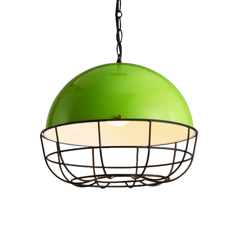 Warehouse Dome Drop Pendant 1 Head Iron Ceiling Lighting Fixture in Green with Cage for Dining Room