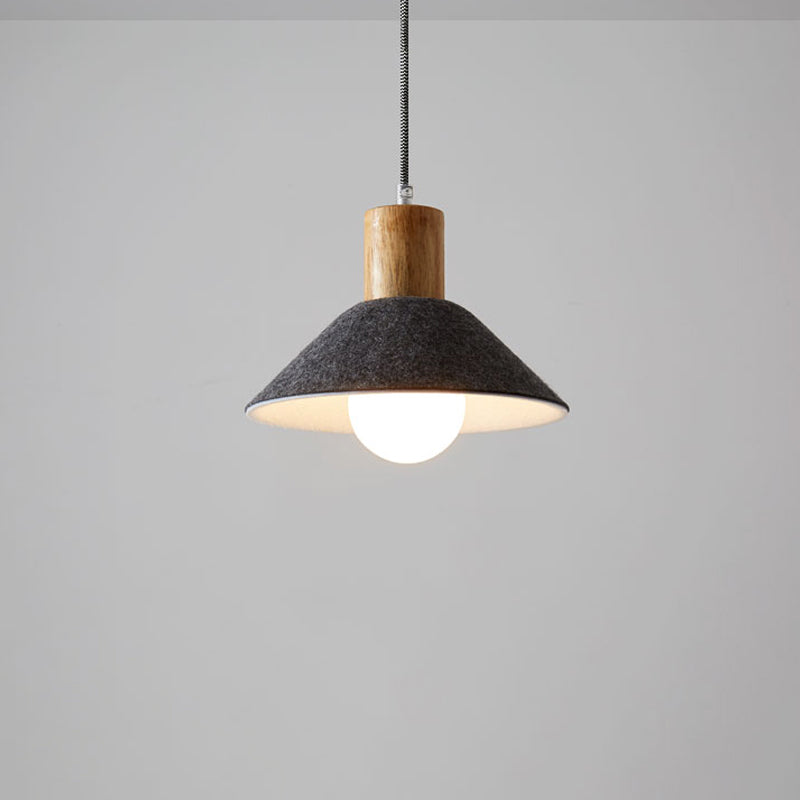 Felt Black/Grey Hanging Light Fixture Conical 1 Head Warehouse Pendant with Wooden Cap for Dining Room