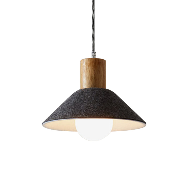 Felt Black/Grey Hanging Light Fixture Conical 1 Head Warehouse Pendant with Wooden Cap for Dining Room