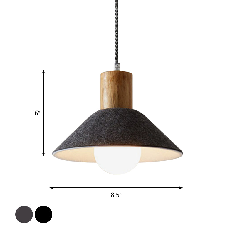 Felt Black/Grey Hanging Light Fixture Conical 1 Head Warehouse Pendant with Wooden Cap for Dining Room