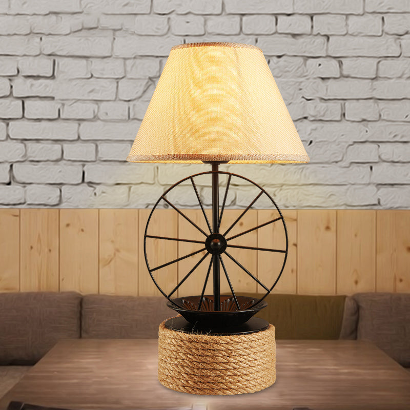 Fabric Conic Desk Lighting Factory Style 1 Light Dining Room Rope Table Lamp in Black with Wheel Deco