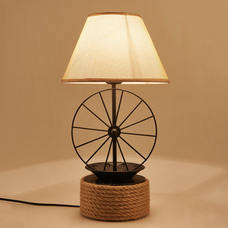 Fabric Conic Desk Lighting Factory Style 1 Light Dining Room Rope Table Lamp in Black with Wheel Deco