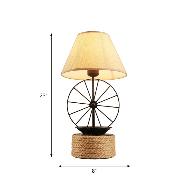 Fabric Conic Desk Lighting Factory Style 1 Light Dining Room Rope Table Lamp in Black with Wheel Deco