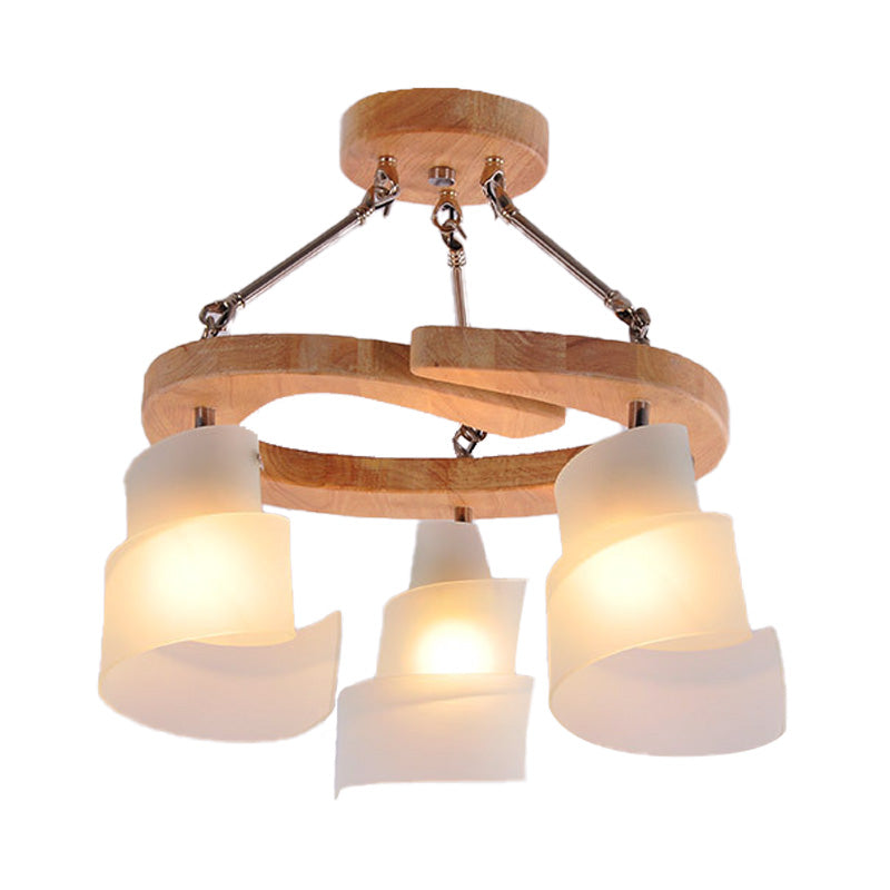 3/5 Bulbs Spiral Chandelier Nordic Frosted Glass Hanging Pendant Light with Wood Circle Shade