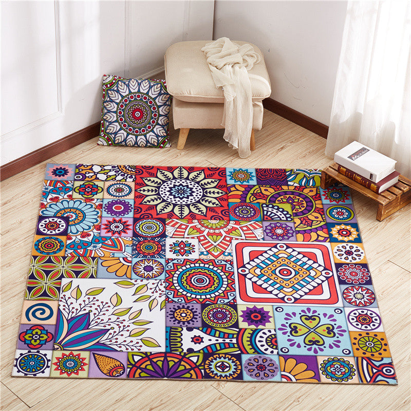 Moroccan Mandala Patchwork Rug Multi-Colored Polyester Rug Pet Friendly Anti-Slip Machine Washable Rug for Great Room