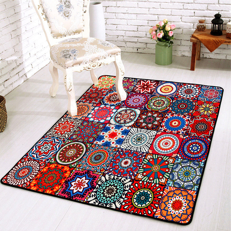 Moroccan Mandala Patchwork Rug Multi-Colored Polyester Rug Pet Friendly Anti-Slip Machine Washable Rug for Great Room