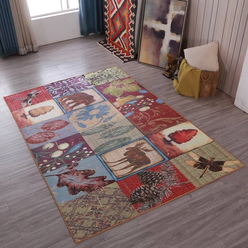 Multi Colored Living Room Rug Moroccan Patchwork Print Rug Synthetics Non-Slip Backing Pet Friendly Stain Resistant Rug