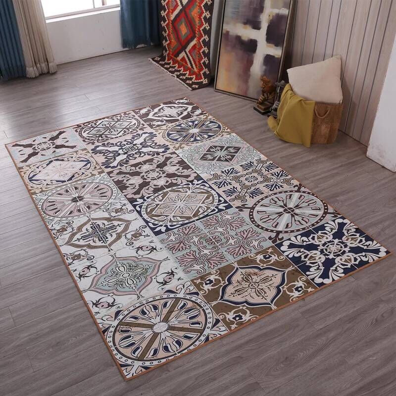 Multi Colored Living Room Rug Moroccan Patchwork Print Rug Synthetics Non-Slip Backing Pet Friendly Stain Resistant Rug