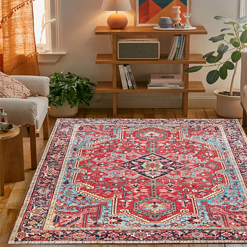 Persian Home Rug Multi Color Symmetric Print Carpet Polyester Anti-Slip Backing Machine Washable Stain Resistant Rug