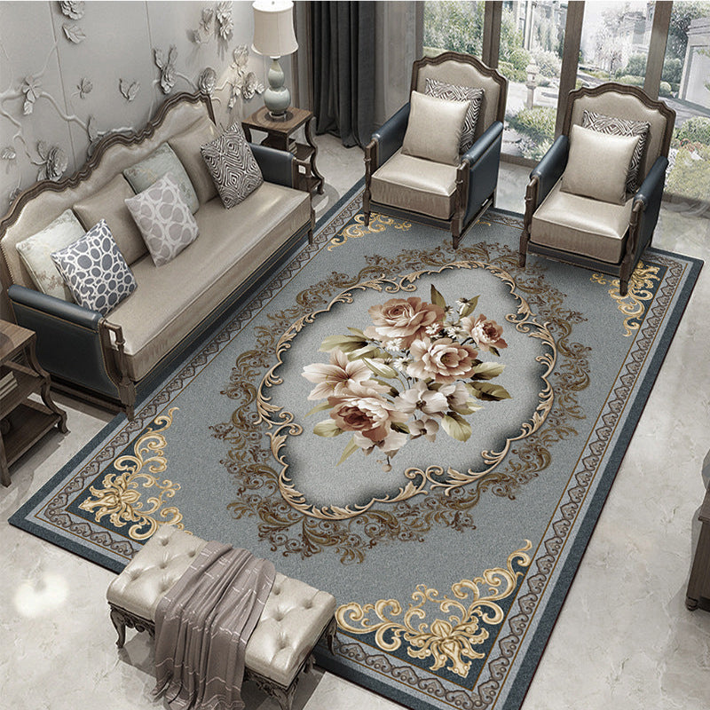 Oriental Blossom Area Rug Multi Colored Polyester Carpet Stain Resistant Non-Slip Machine Washable Rug for Living Room