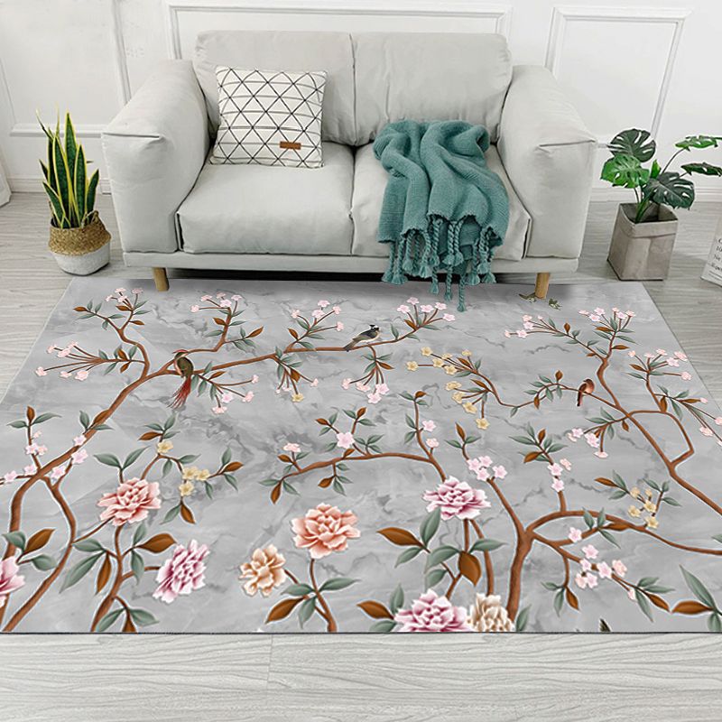 Oriental Blossom Area Rug Multi Colored Polyester Carpet Stain Resistant Non-Slip Machine Washable Rug for Living Room