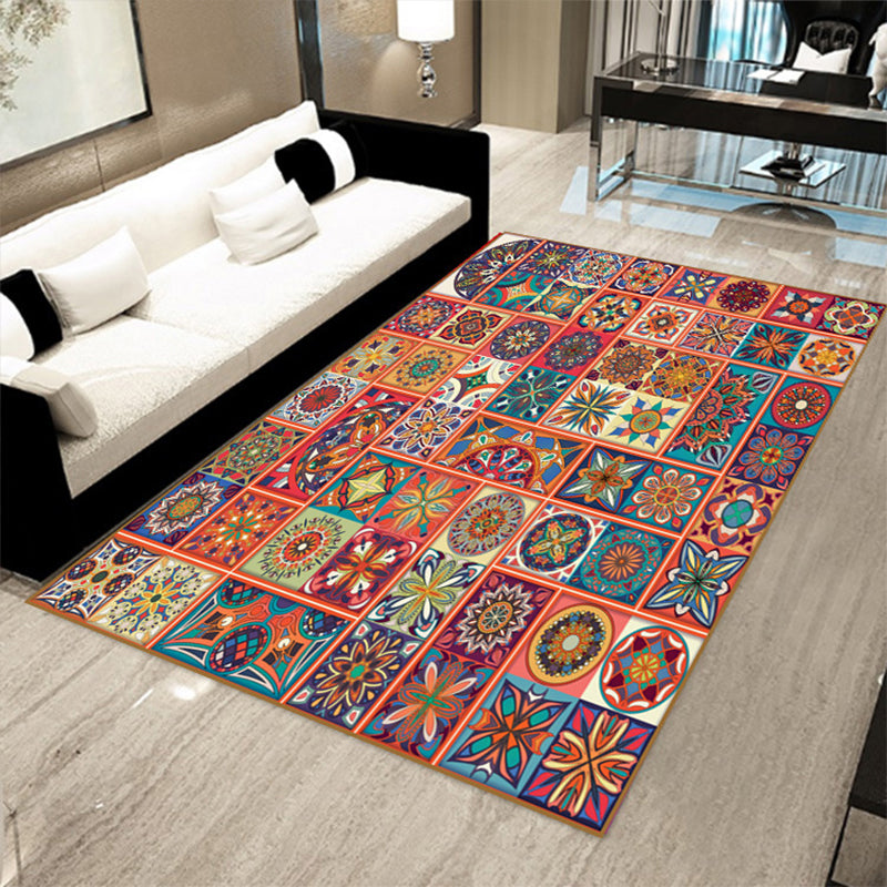 Multicolor Floral Mosaic Print Rug Polypropylene Moroccan Indoor Rug Machine Washable Anti-Slip Backing Pet Friendly Carpet for Home