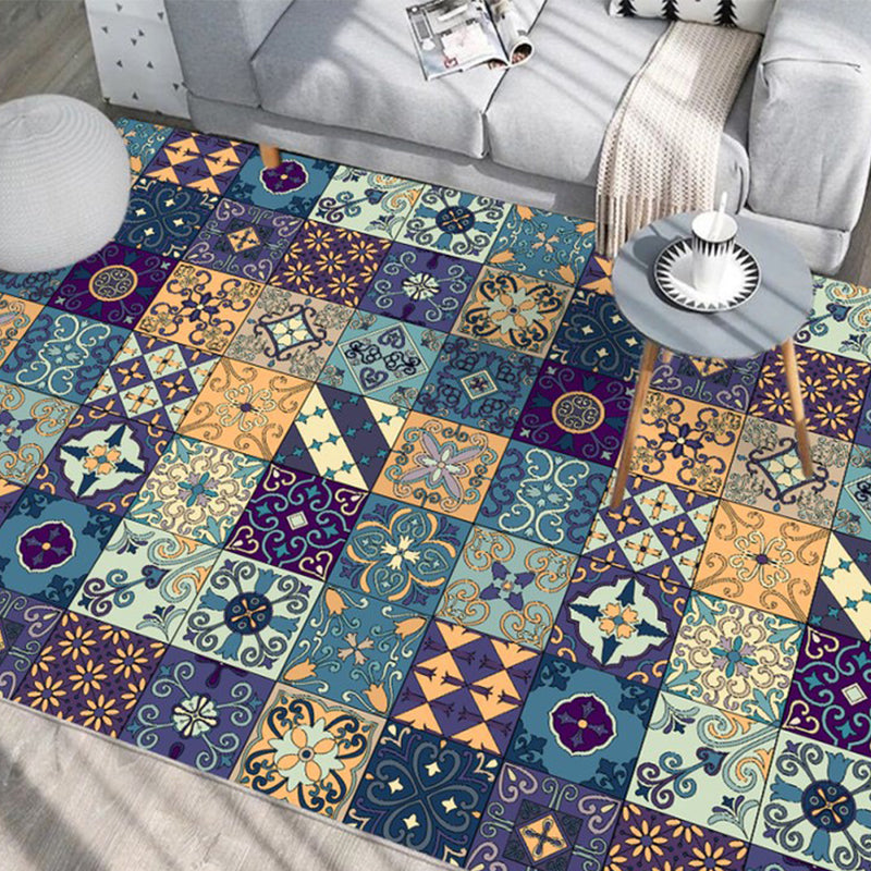 Moroccan Mosaic Print Rug Multi Colored Polyester Carpet Non-Slip Backing Washable Pet Friendly Rug for Living Room