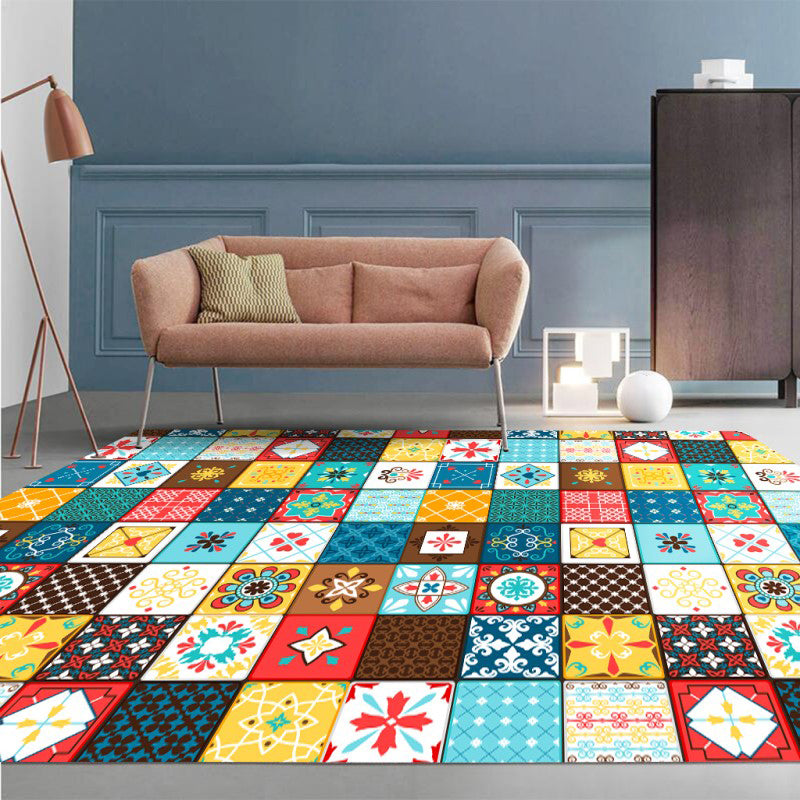 Moroccan Mosaic Print Rug Multi Colored Polyester Carpet Non-Slip Backing Washable Pet Friendly Rug for Living Room