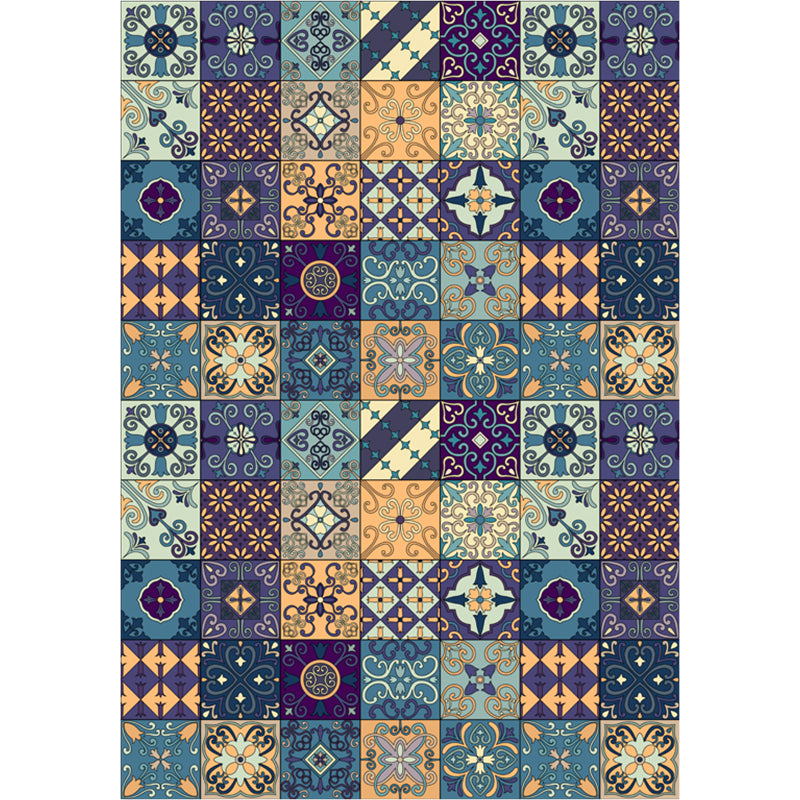 Moroccan Mosaic Print Rug Multi Colored Polyester Carpet Non-Slip Backing Washable Pet Friendly Rug for Living Room