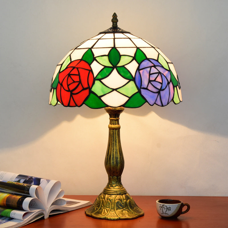 1 Head Table Lamp Decorative Dome Shade Stained Glass Nightstand Light for Living Room