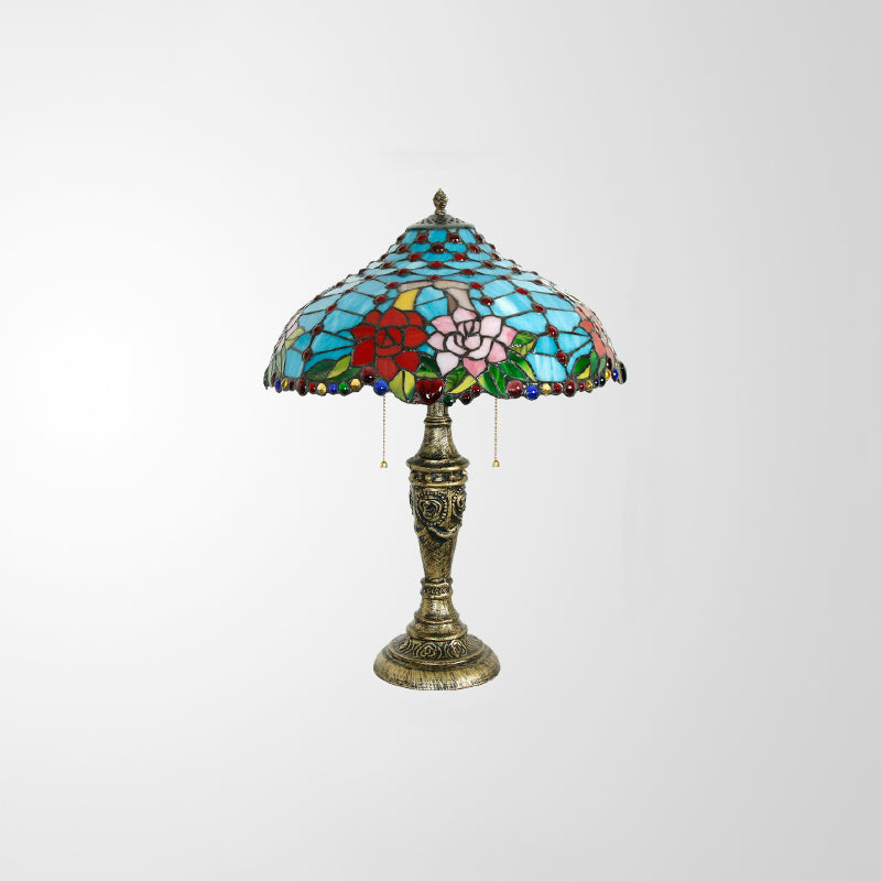 Stained Glass Blue Table Lighting Rose Pattern 3 Heads Tiffany Nightstand Lamp with Pull Chain