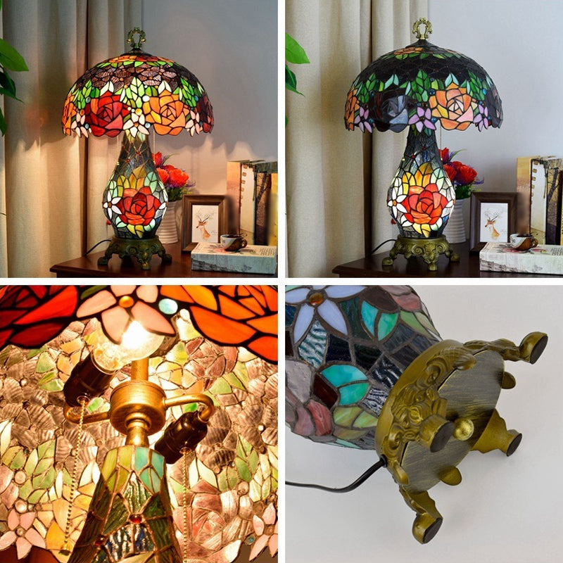 Green 3 Heads Table Lighting Tiffany Stained Art Glass Rose Pattern Nightstand Lamp with Mushroom Shade