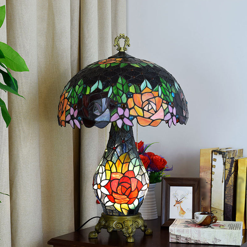 Green 3 Heads Table Lighting Tiffany Stained Art Glass Rose Pattern Nightstand Lamp with Mushroom Shade