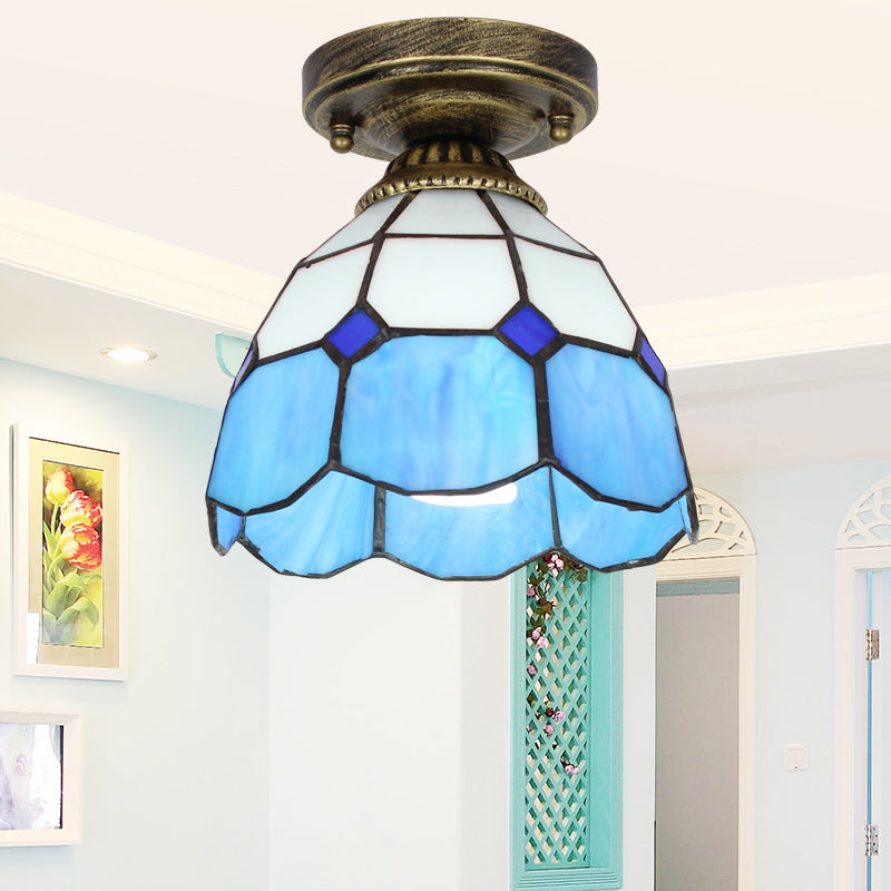 Tiffany Bell Shaped Semi Flush Light Single Gridded Glass Ceiling Flush Mount with Scalloped Trim