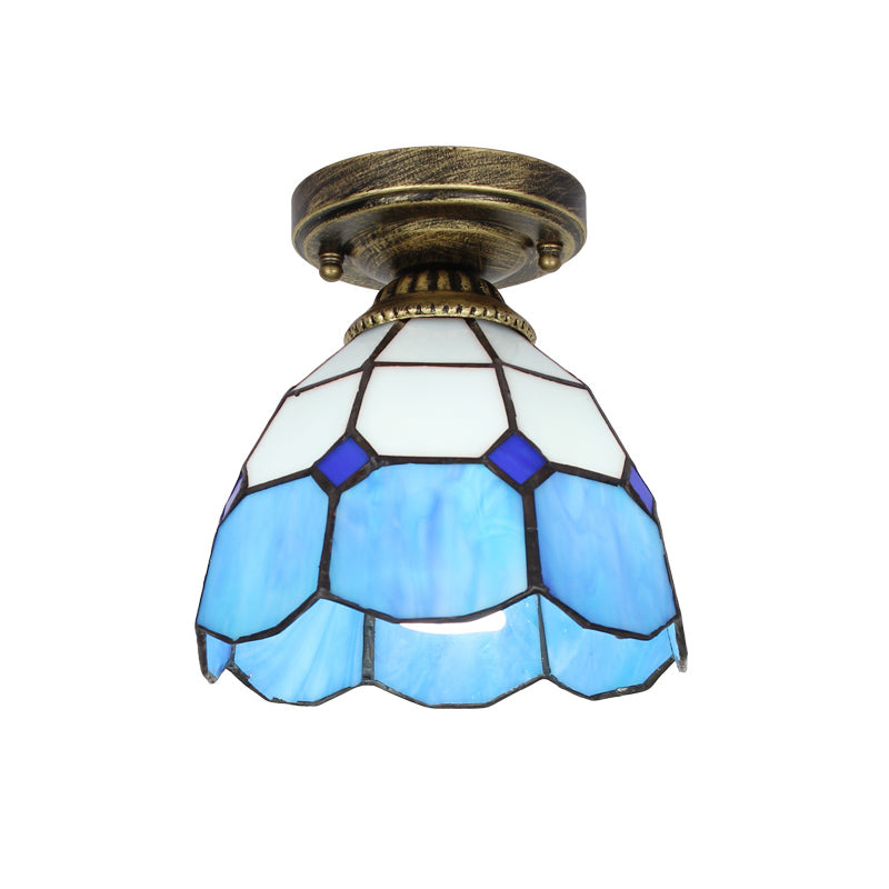 Tiffany Bell Shaped Semi Flush Light Single Gridded Glass Ceiling Flush Mount with Scalloped Trim