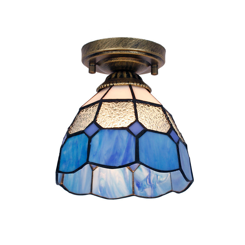 Tiffany Bell Shaped Semi Flush Light Single Gridded Glass Ceiling Flush Mount with Scalloped Trim